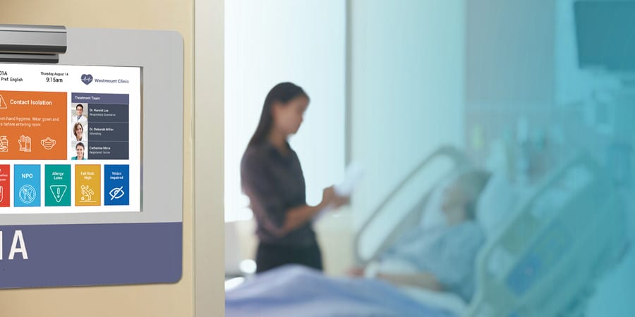 OV_UseCase_06A Tablet in wall-mounted housing with hospital branding and unique ADA room number